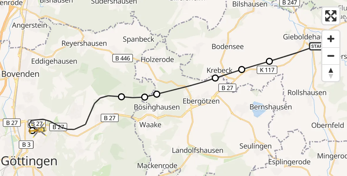 Flugroute Rettungshubschrauber Gieboldehausen - Göttingen University Clinic Hubschrauberlandeplatz, 03 August 2026, 07:57