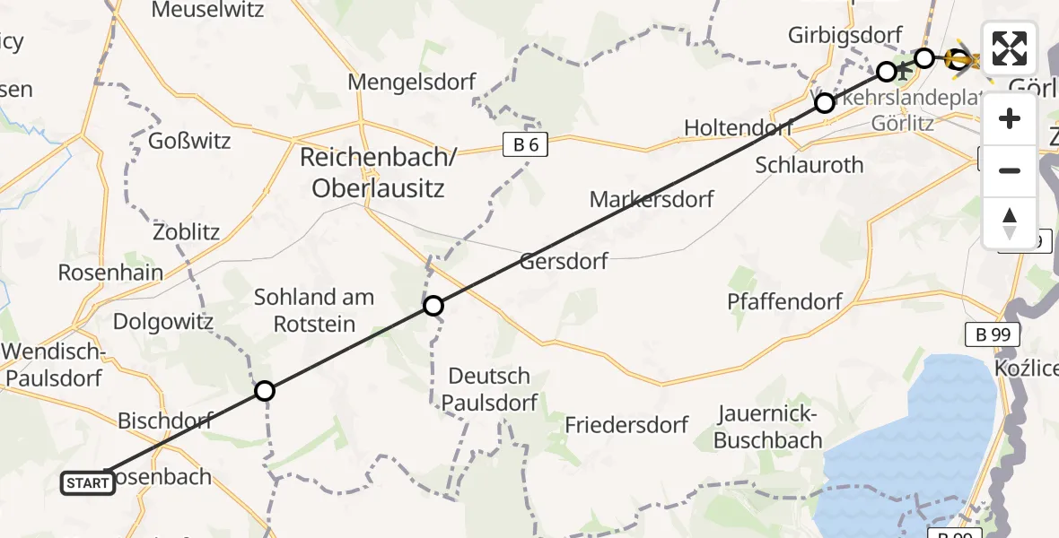 Flugroute Rettungshubschrauber Rosenbach - Görlitz Hospital, 03 August 2026, 07:57