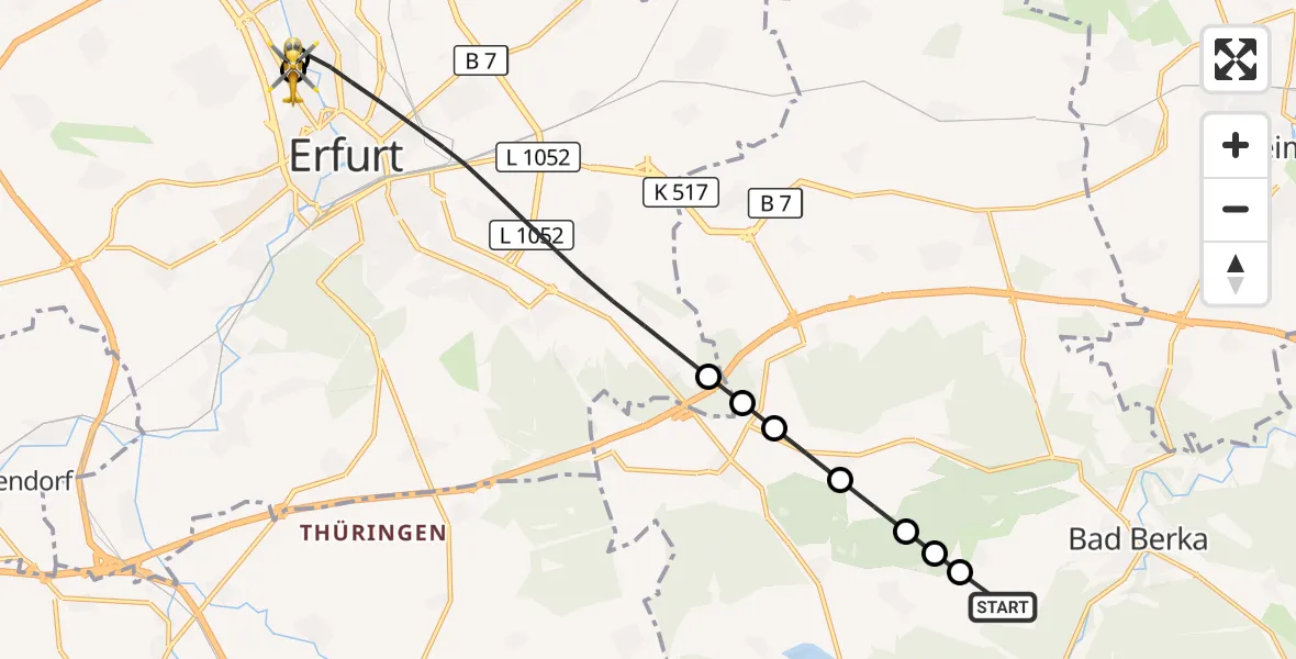 Flugroute Ambulanzhubschrauber Bad Berka - Helios Clinic Erfurt, 03 August 2026, 08:00