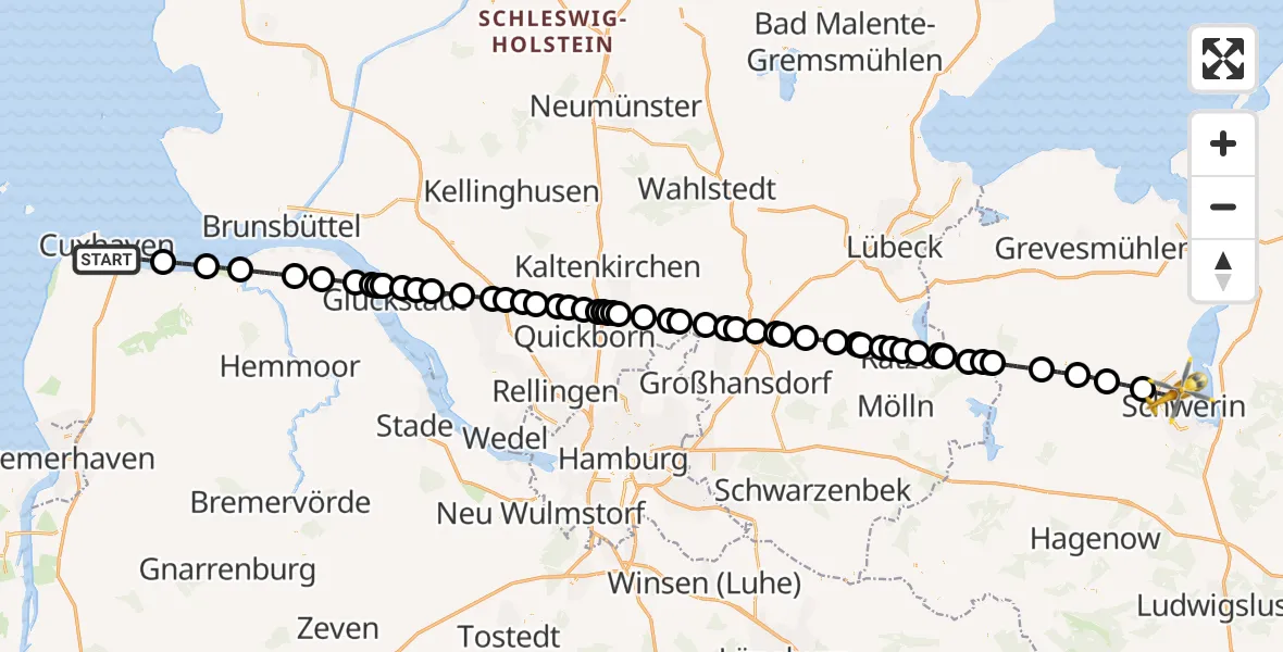 Flugroute Rettungshubschrauber Cuxhaven - Schwerin, 03 August 2026, 08:04