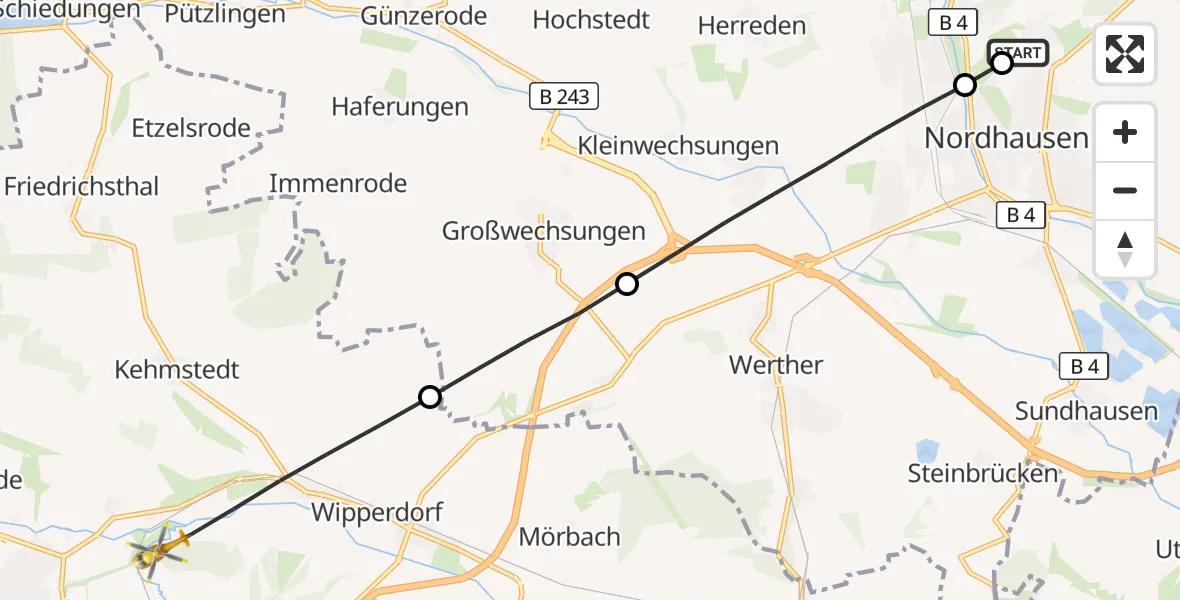 Flugroute Rettungshubschrauber Südharz Hospital Nordhausen - Bleicherode, 03 August 2026, 08:04