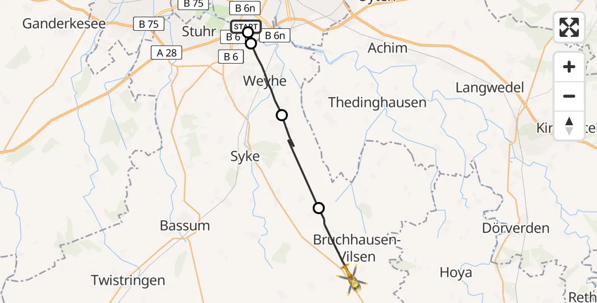 Flugroute Rettungshubschrauber ADAC Air Rescue Station Bremen Hubschrauberlandeplatz (Christoph 6) - Bruchhausen-Vilsen, 03 August 2026, 08:11