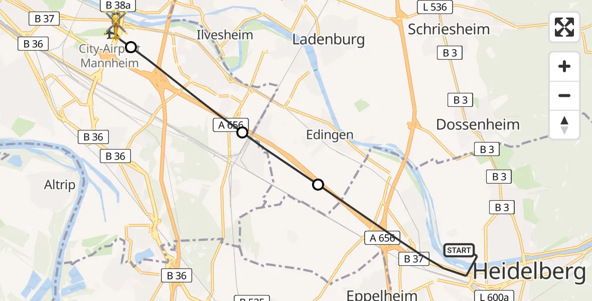 Flugroute Rettungshubschrauber Heidelberg - Mannheim-City Flughafen, 03 August 2026, 08:13
