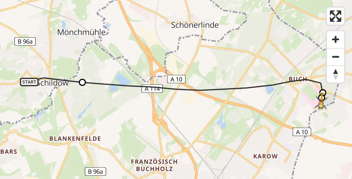 Flugroute Rettungshubschrauber Mühlenbecker Land - Helios Clinic Berlin-Buch, 03 August 2026, 08:20