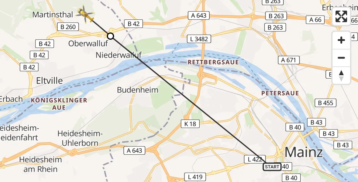 Flugroute Rettungshubschrauber Mainz University Hospital - Walluf, 03 August 2026, 08:23