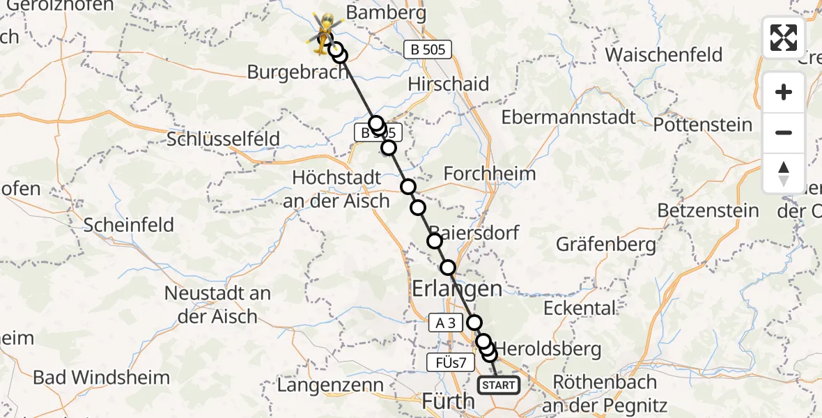 Flugroute Ambulanzhubschrauber Flughafen Nuremberg - Walsdorf, 03 August 2026, 08:24