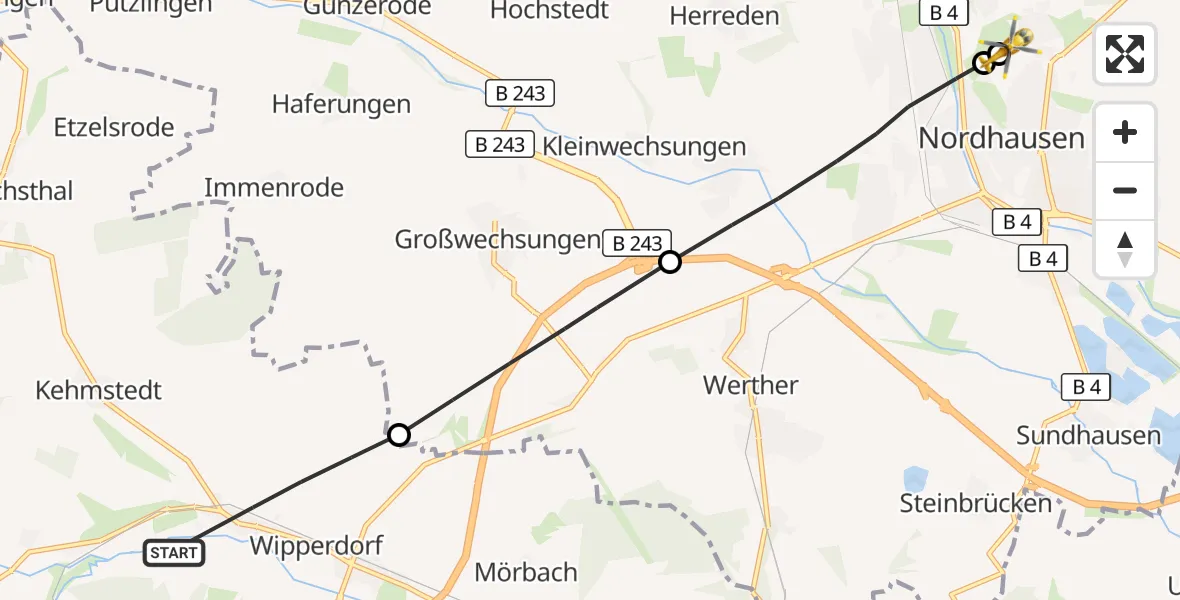 Flugroute Rettungshubschrauber Bleicherode - Südharz Hospital Nordhausen, 03 August 2026, 08:35