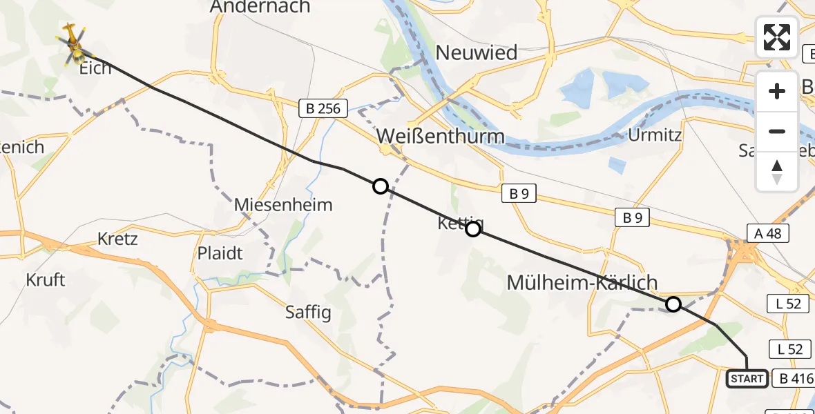 Flugroute Rettungshubschrauber Koblenz - Andernach, 03 August 2026, 08:47