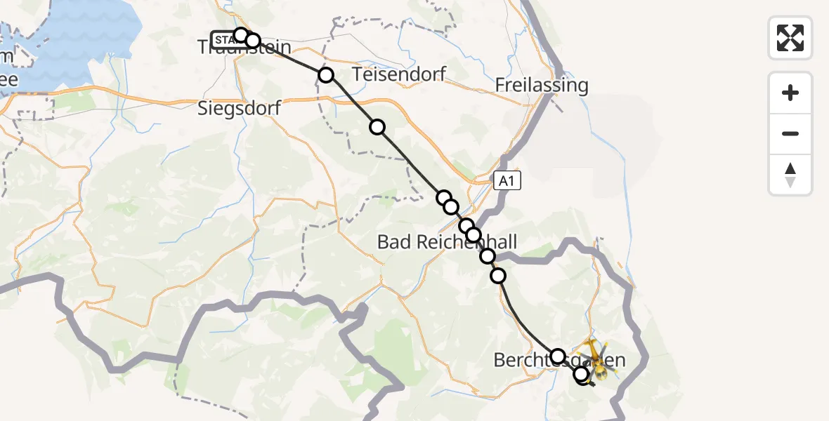Flugroute Rettungshubschrauber Traunstein Hospital - Berchtesgaden, 03 August 2026, 08:50