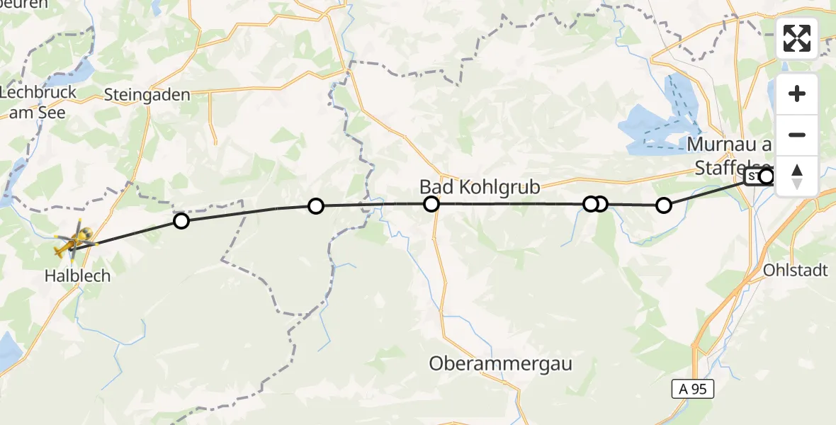 Flugroute Rettungshubschrauber Murnau Accident Hospital - Halblech, 03 August 2026, 08:52