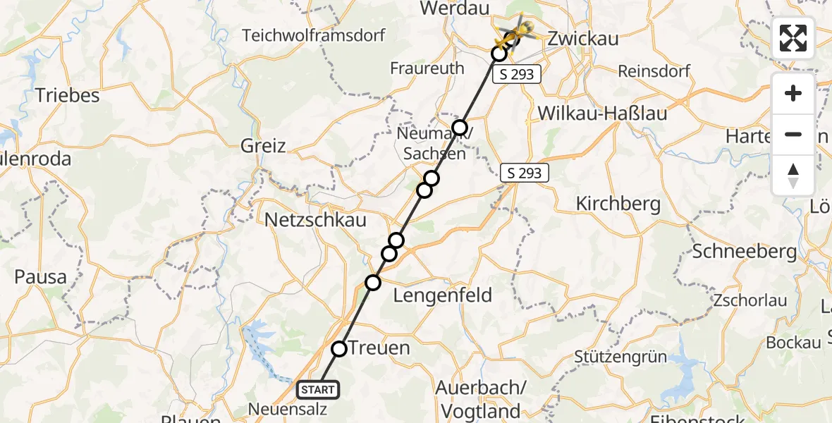 Flugroute Rettungshubschrauber Neuensalz - ADAC Air Rescue Station Zwickau Hubschrauberlandeplatz, 03 August 2026, 08:52
