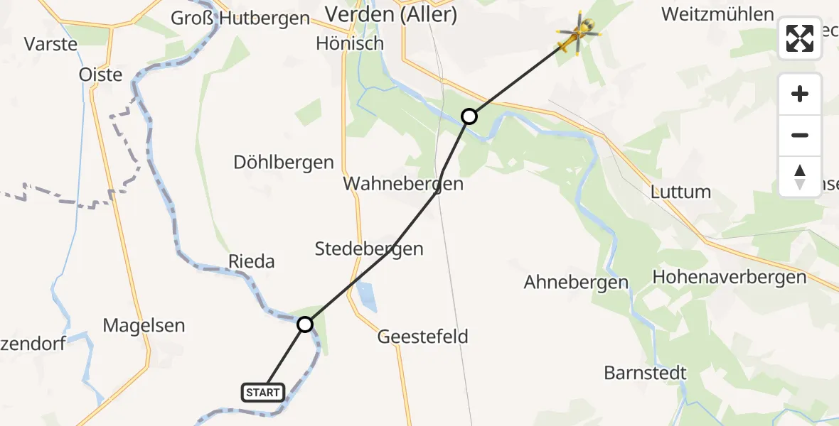 Flugroute Rettungshubschrauber Hilgermissen - Verden (Aller), 03 August 2026, 08:58