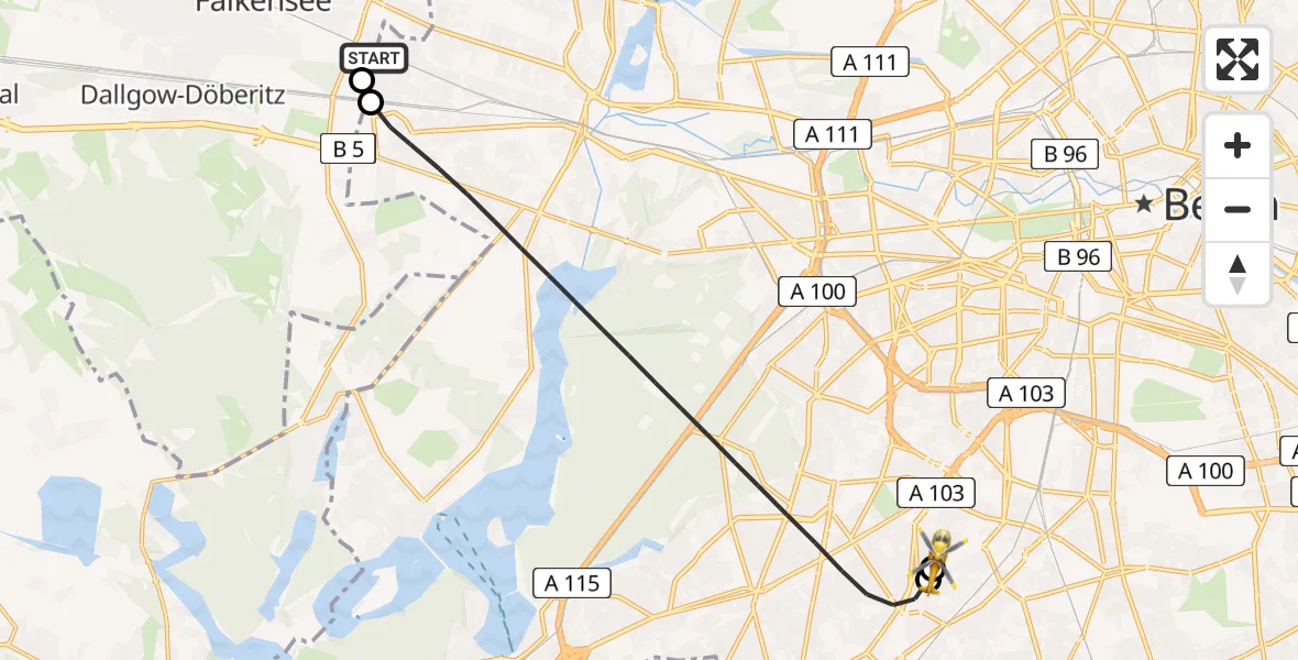 Flugroute Rettungshubschrauber Falkensee - Charité Clinic Benjamin Franklin Campus, 03 August 2026, 08:59