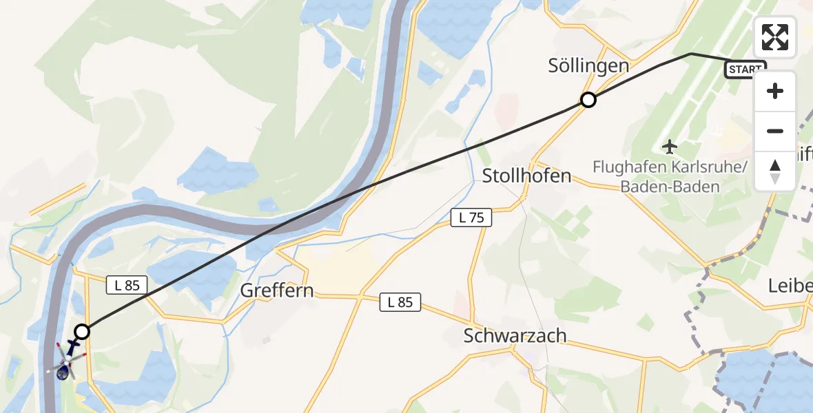 Flugroute Polizeihubschrauber Karlsruhe Baden-Baden Flughafen - Lichtenau, 03 August 2026, 09:01