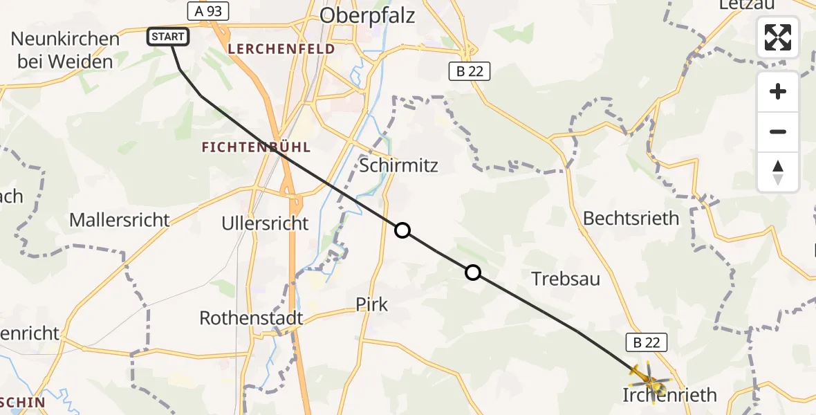 Flugroute Ambulanzhubschrauber Weiden i.d.OPf. - Irchenrieth, 03 August 2026, 09:08