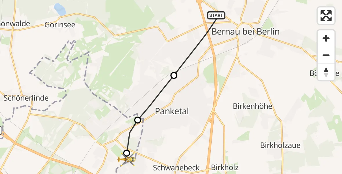 Flugroute Rettungshubschrauber Bernau bei Berlin - Helios Clinic Berlin-Buch, 03 August 2026, 09:15