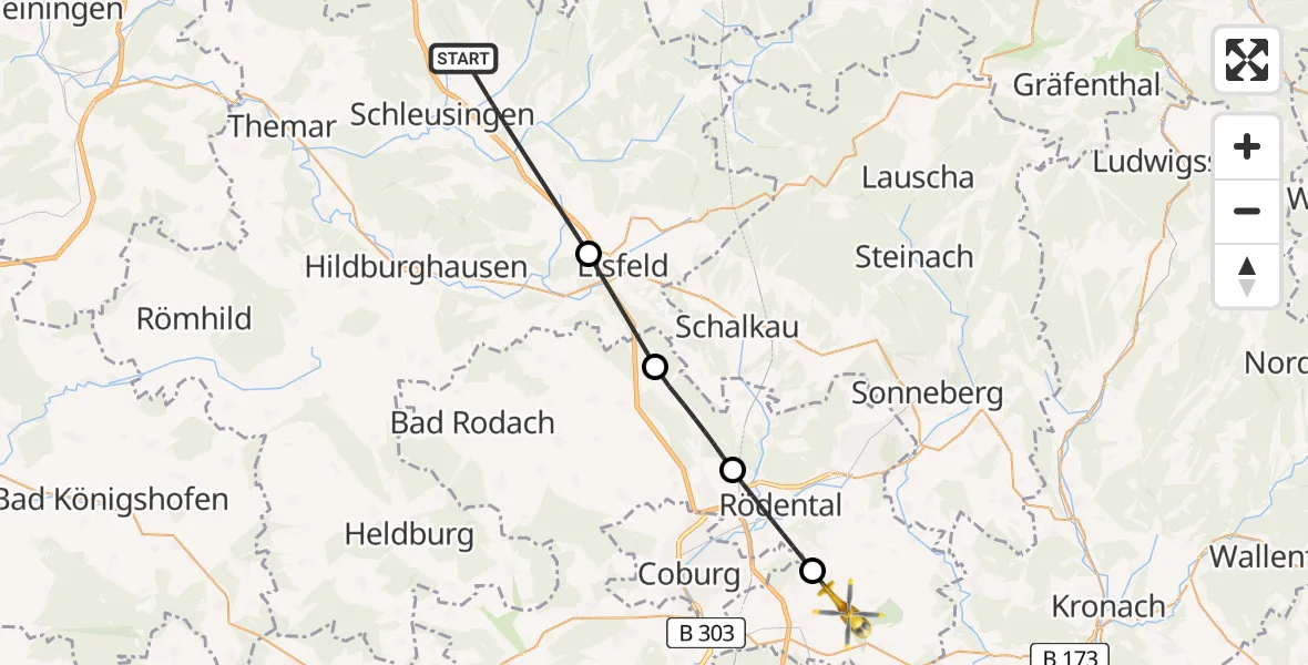 Flugroute Rettungshubschrauber Schleusingen - Ebersdorf b.Coburg, 03 August 2026, 09:17