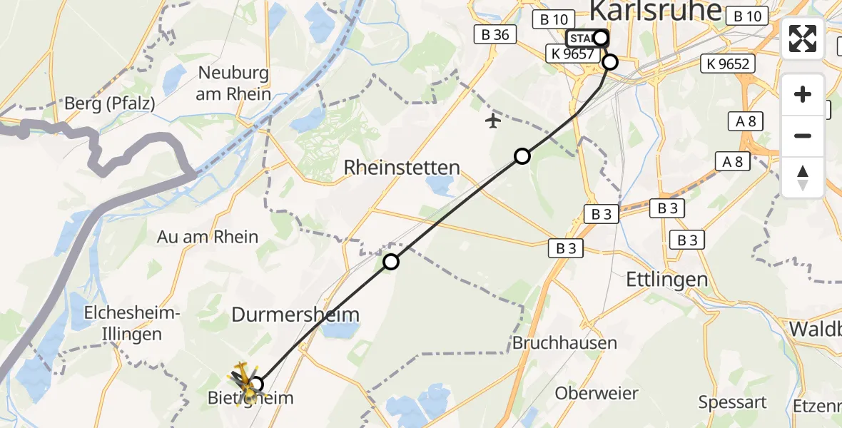 Flugroute Ambulanzhubschrauber Sankt Vincentius Hospital - Bietigheim, 03 August 2026, 09:19