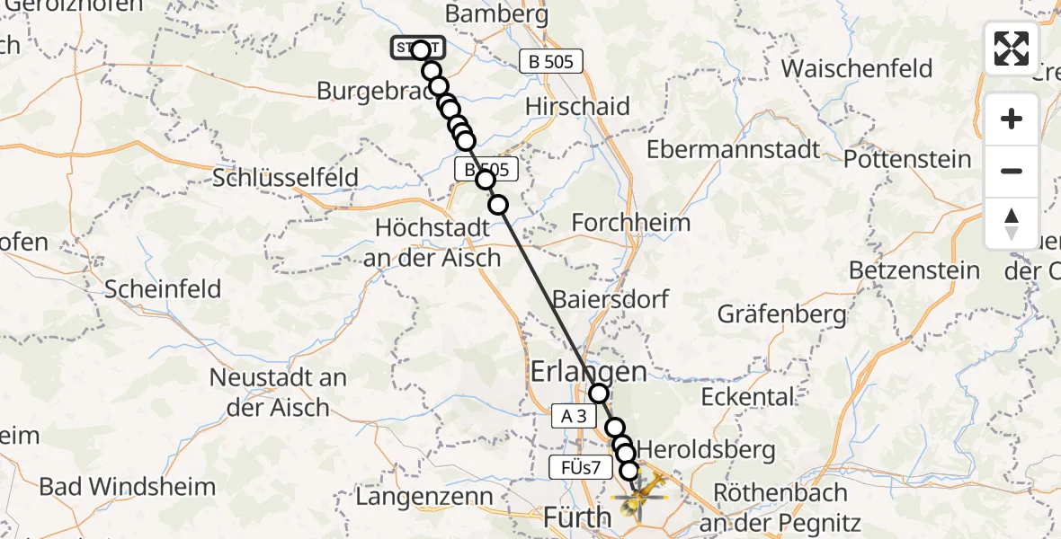 Flugroute Ambulanzhubschrauber Walsdorf - Flughafen Nuremberg, 03 August 2026, 09:23
