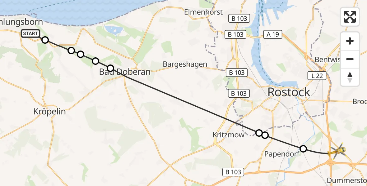 Flugroute Ambulanzhubschrauber Kühlungsborn - Dummerstorf, 03 August 2026, 09:23