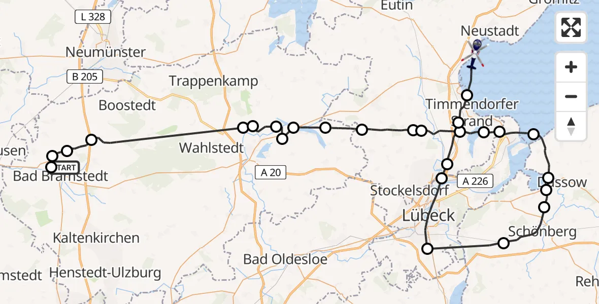 Flugroute Polizeihubschrauber Bad Bramstedt - Sierksdorf, 03 August 2026, 09:24