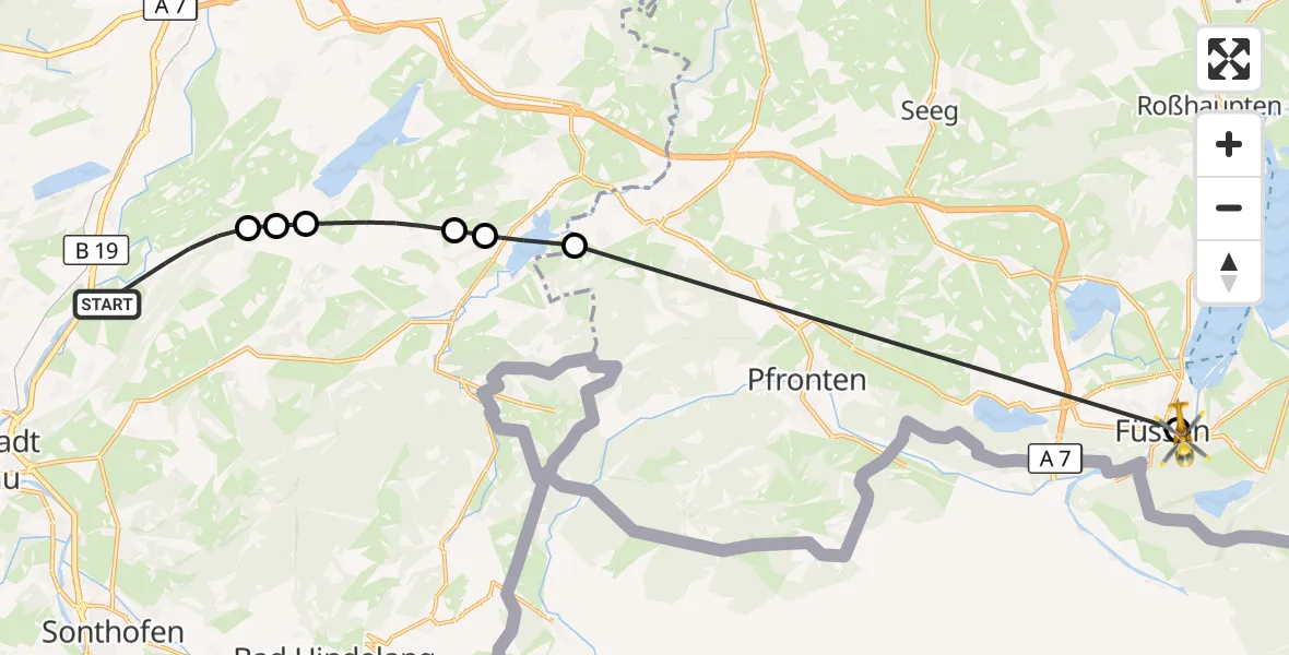 Flugroute Rettungshubschrauber Rettenberg - Füssen, 03 August 2026, 09:25
