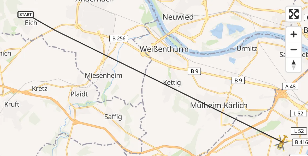 Flugroute Rettungshubschrauber Andernach - Koblenz, 03 August 2026, 09:28