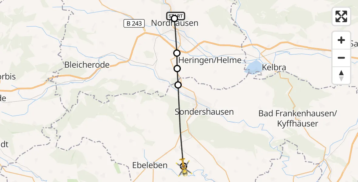 Flugroute Rettungshubschrauber Südharz Hospital Nordhausen - Ebeleben, 03 August 2026, 09:35
