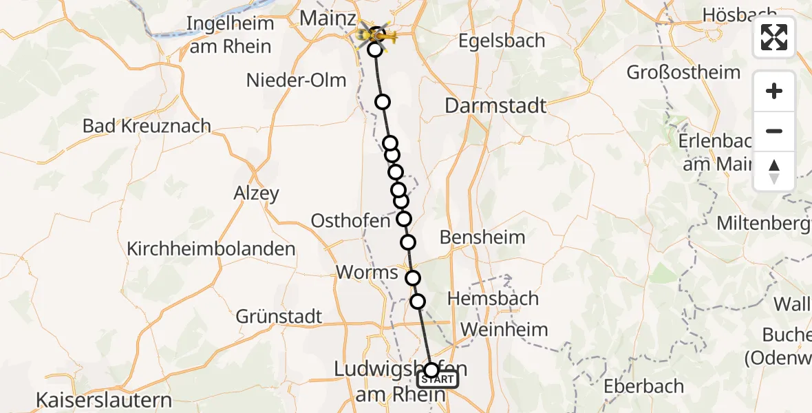 Flugroute Rettungshubschrauber Mannheim-City Flughafen - Rüsselsheim am Main, 03 August 2026, 09:42