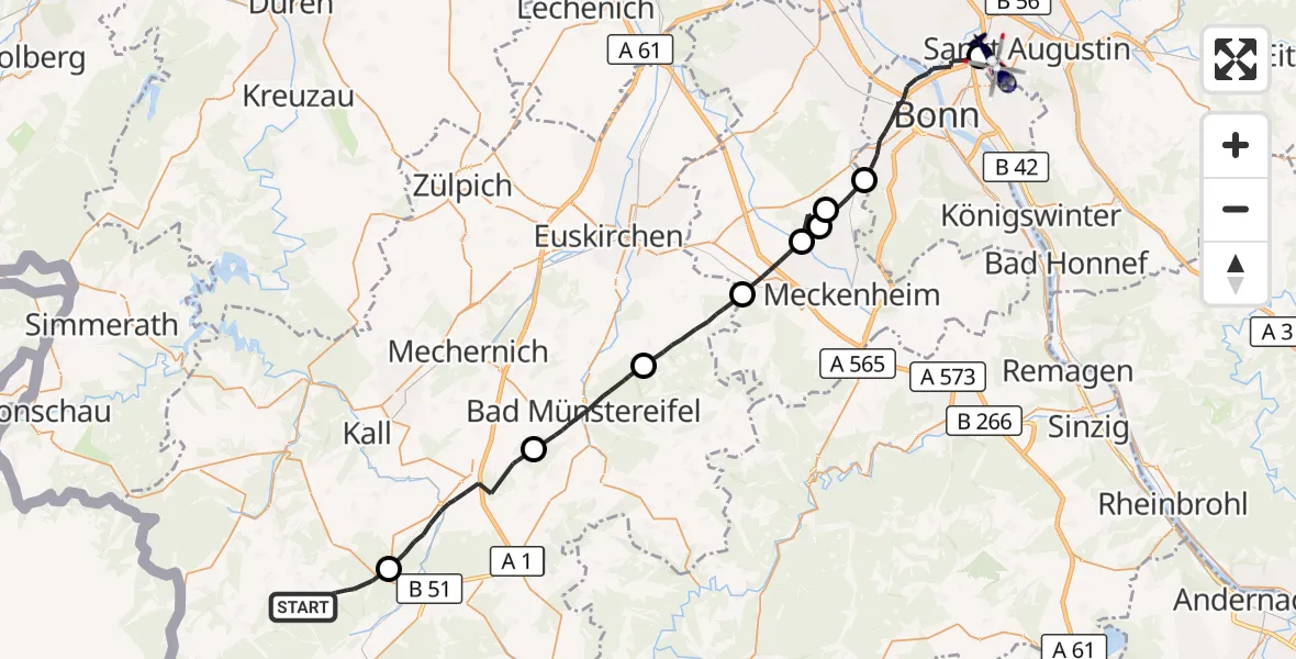 Flugroute Polizeihubschrauber Hellenthal - Sankt Augustin, 03 August 2026, 09:43