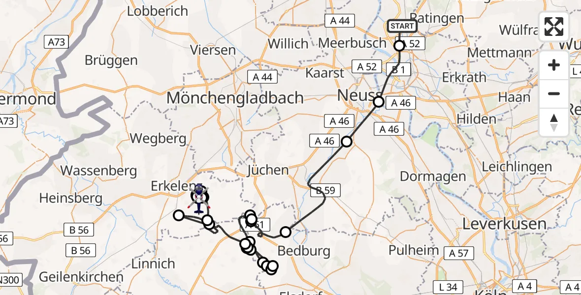 Flugroute Polizeihubschrauber Düsseldorf Flughafen - Kückhoven Ultraleichtflugplatz, 03 August 2026, 09:45