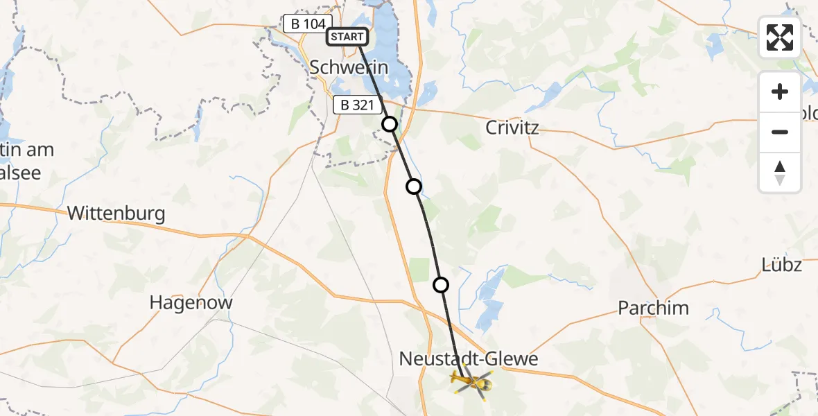 Flugroute Rettungshubschrauber Schwerin - Neustadt-Glewe, 03 August 2026, 09:51
