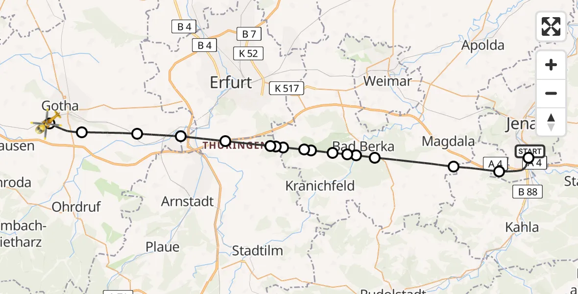 Flugroute Ambulanzhubschrauber Lobeda Hubschrauberlandeplatz - Helios Clinic Gotha, 03 August 2026, 09:53