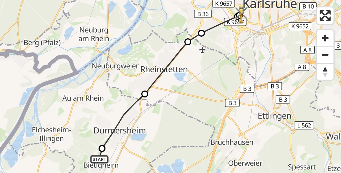 Flugroute Ambulanzhubschrauber Bietigheim - Sankt Vincentius Hospital, 03 August 2026, 09:54