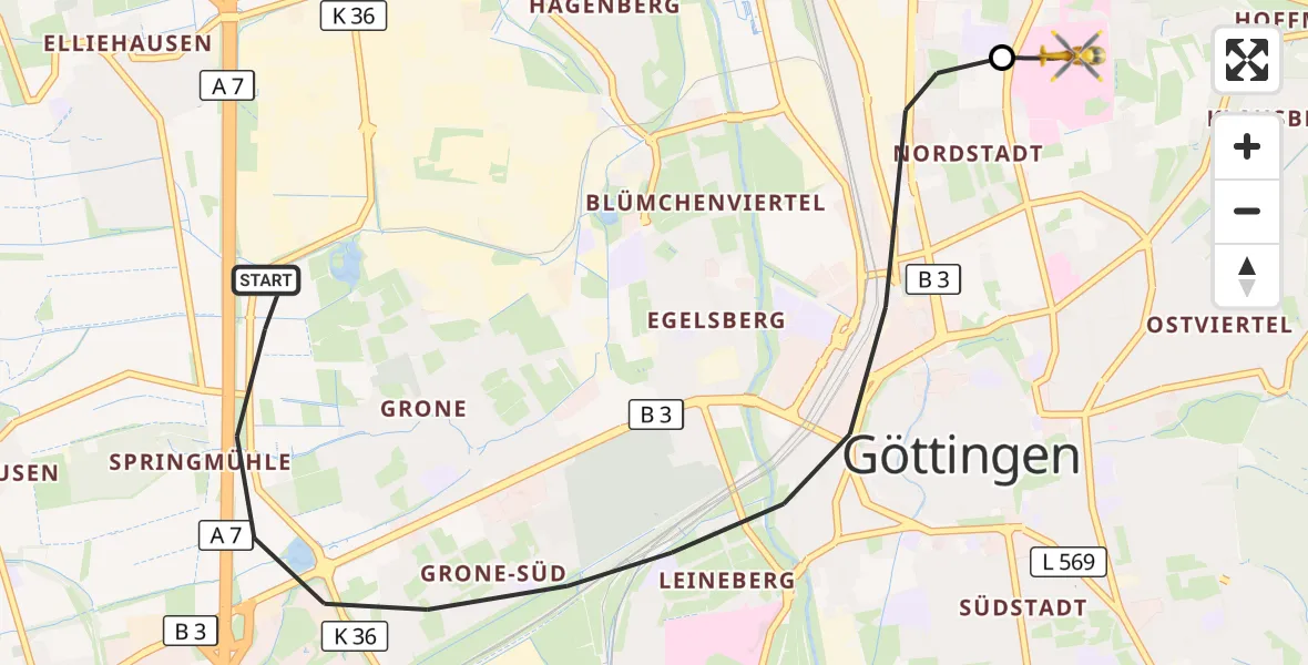 Flugroute Rettungshubschrauber Göttingen - Göttingen University Clinic Hubschrauberlandeplatz, 03 August 2026, 09:58