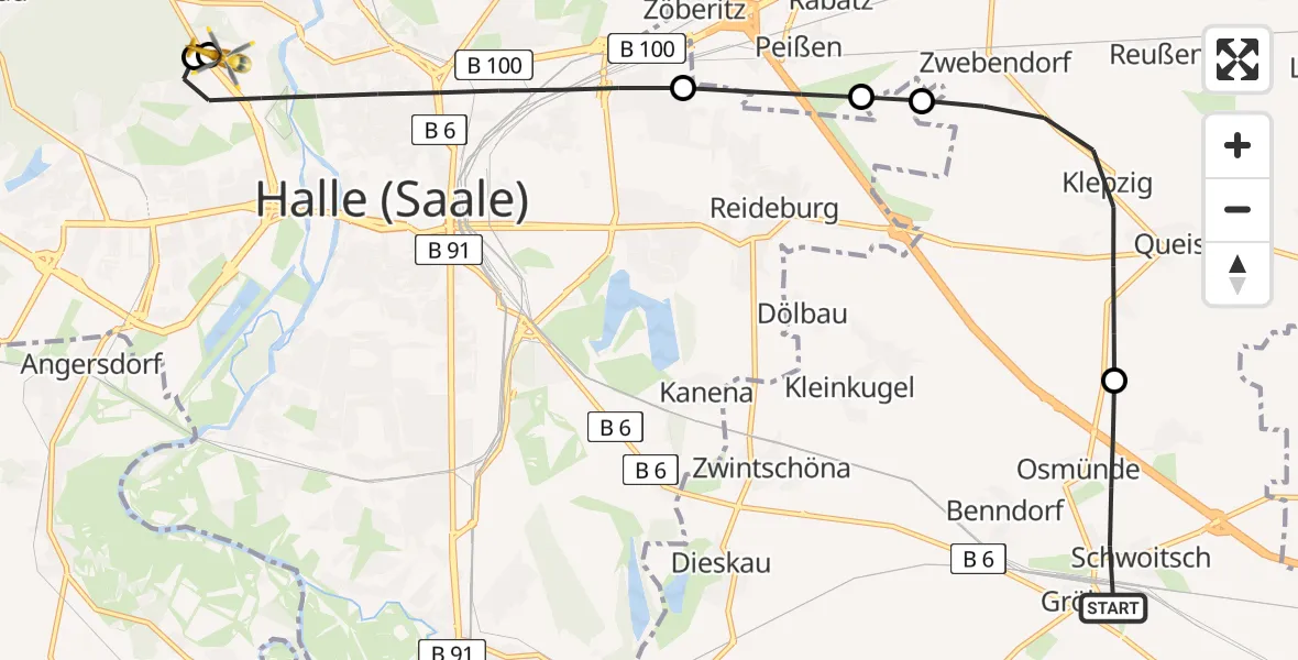 Flugroute Rettungshubschrauber Kabelsketal - Halle (Saale) University Hospital, 03 August 2026, 09:59
