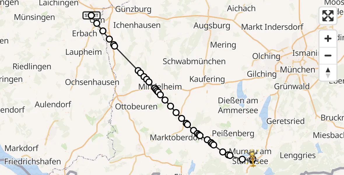 Flugroute Rettungshubschrauber Ulm Military Hospital Emergency - Murnau a.Staffelsee, 03 August 2026, 10:08
