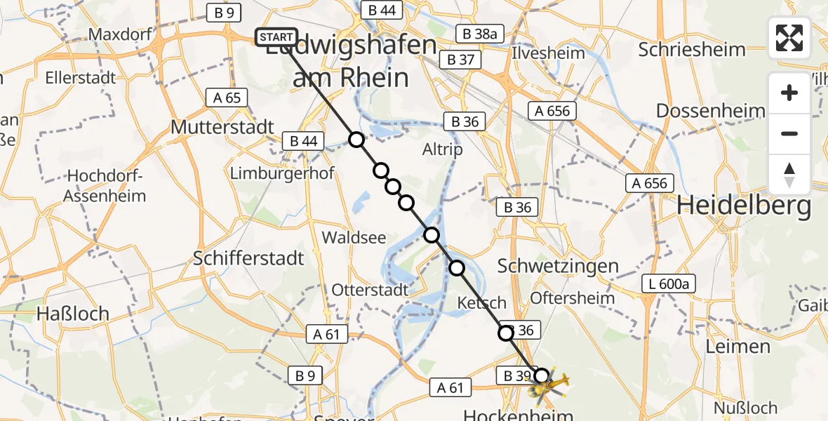 Flugroute Rettungshubschrauber Ludwigshafen am Rhein - Hockenheim, 03 August 2026, 10:09