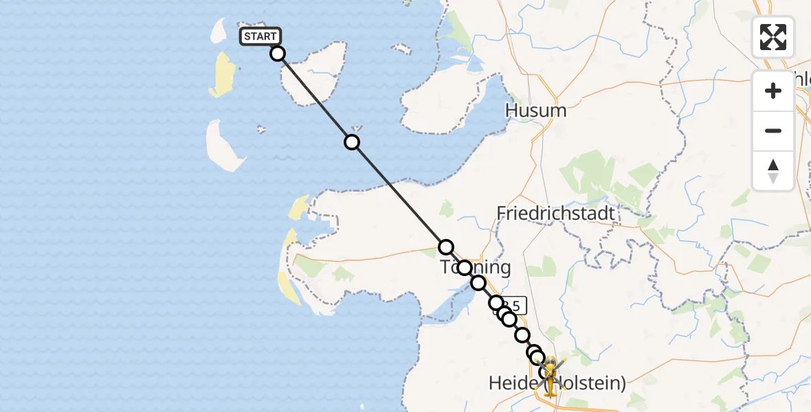 Flugroute Ambulanzhubschrauber Hallig Hooge - Heide, 03 August 2026, 10:10
