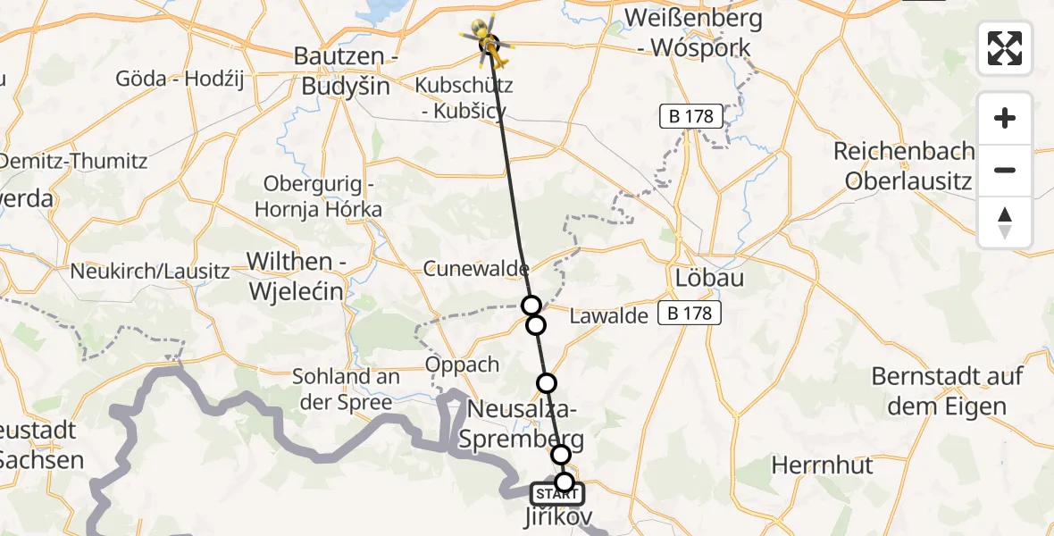 Flugroute Rettungshubschrauber Oberlausitzer Bergland Hospital - Bautzen Flugplatz, 03 August 2026, 10:12