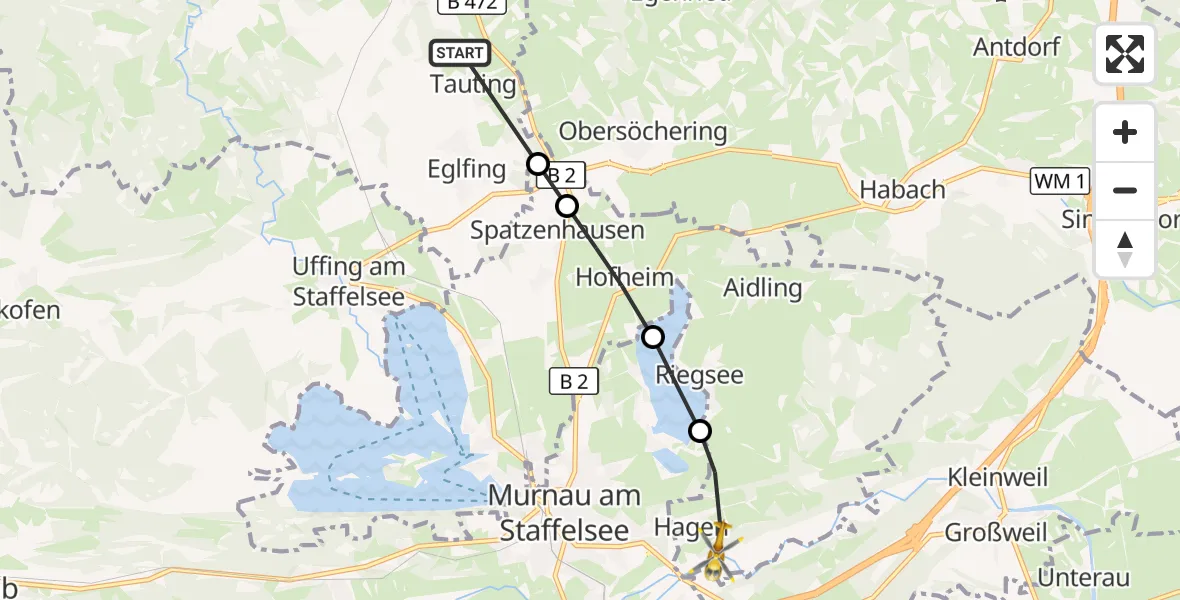 Flugroute Rettungshubschrauber Huglfing - Riegsee, 03 August 2026, 10:20