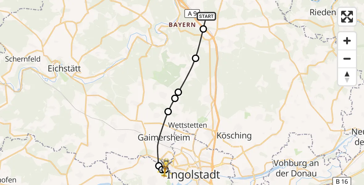 Flugroute Rettungshubschrauber Beilngries - Ingolstadt Hospital, 03 August 2026, 10:20