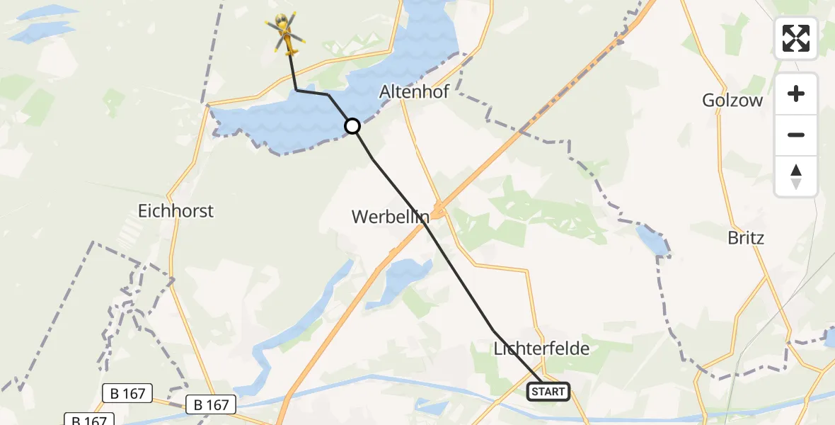 Flugroute Rettungshubschrauber Schorfheide - Joachimsthal, 03 August 2026, 10:21