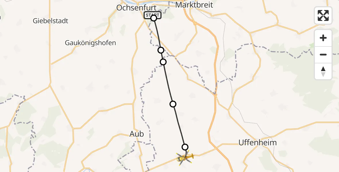 Flugroute Rettungshubschrauber Ochsenfurt Hospital - Simmershofen, 03 August 2026, 10:22