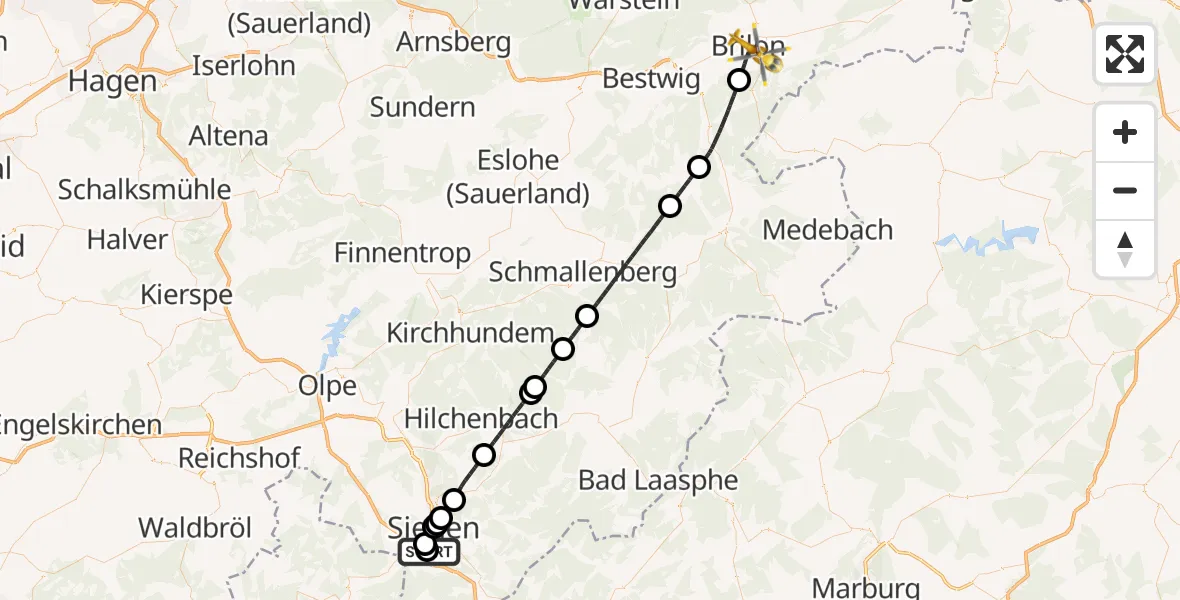 Flugroute Rettungshubschrauber Evangelisches Jung-Stilling Hospital - Brilon, 03 August 2026, 10:23