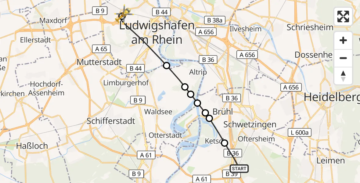 Flugroute Rettungshubschrauber Schwetzingen - Ludwigshafen Accident Hospital, 03 August 2026, 10:31