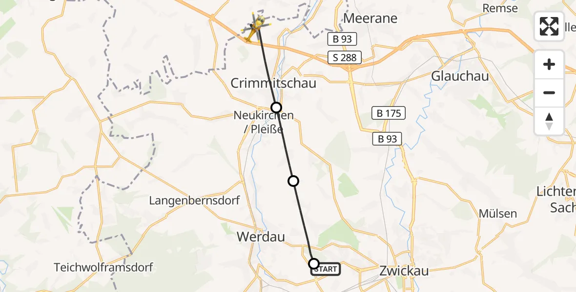 Flugroute Rettungshubschrauber ADAC Air Rescue Station Zwickau Hubschrauberlandeplatz - Crimmitschau, 03 August 2026, 10:32