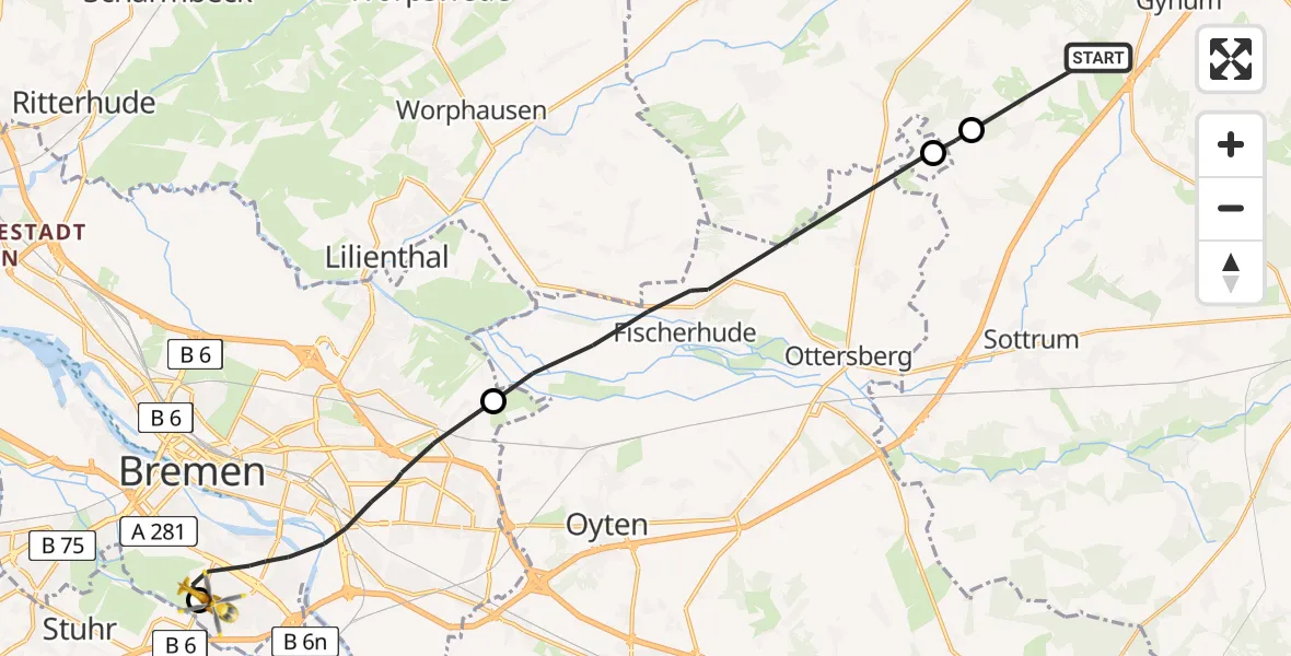 Flugroute Rettungshubschrauber Gyhum - ADAC Air Rescue Station Bremen Hubschrauberlandeplatz (Christoph 6), 03 August 2026, 10:35
