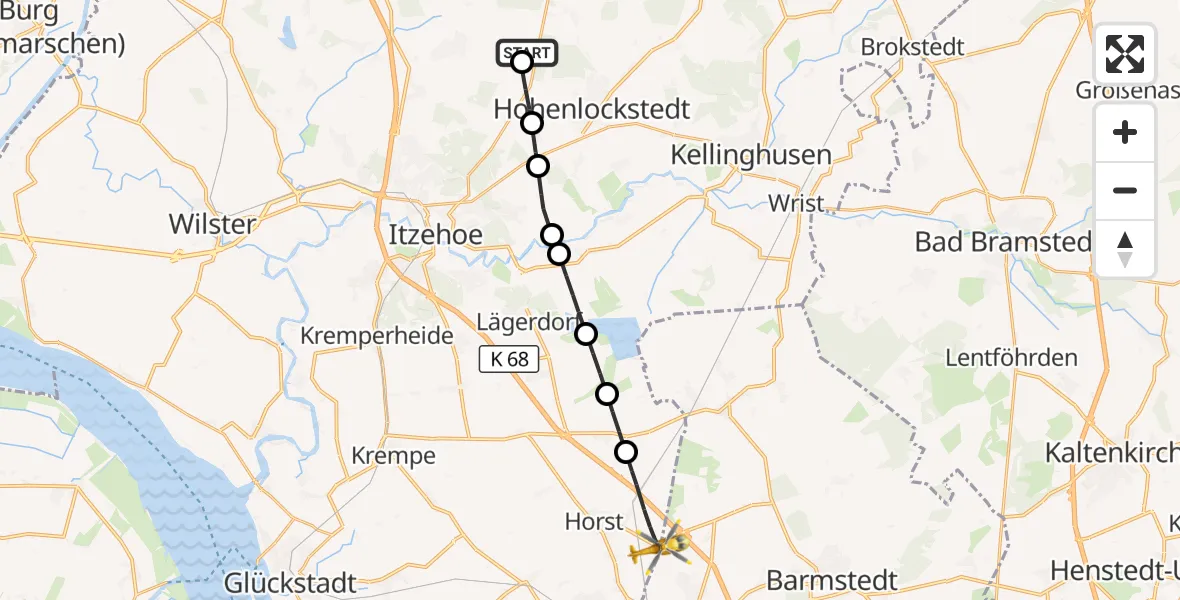 Flugroute Rettungshubschrauber Itzehoe Hungriger Wolf Flugplatz - Horst (Holstein), 03 August 2026, 10:36