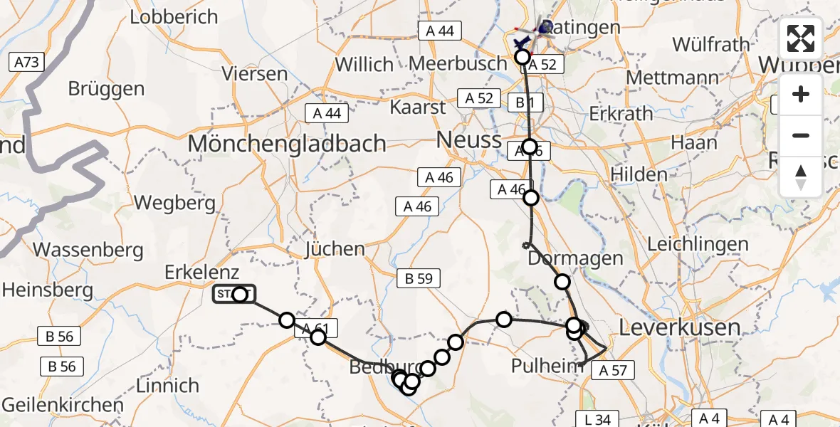 Flugroute Polizeihubschrauber Kückhoven Ultraleichtflugplatz - Düsseldorf Flughafen, 03 August 2026, 10:39